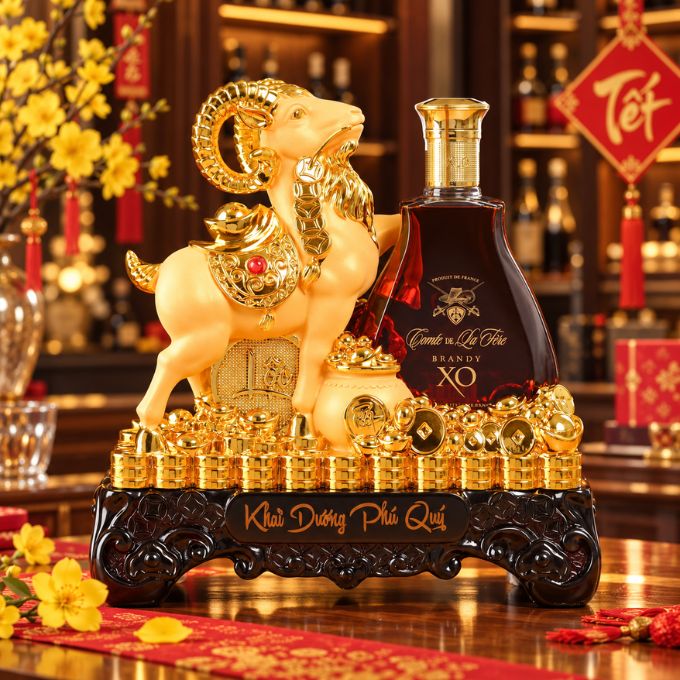 Kệ rượu hình con dê kèm  rượu XO