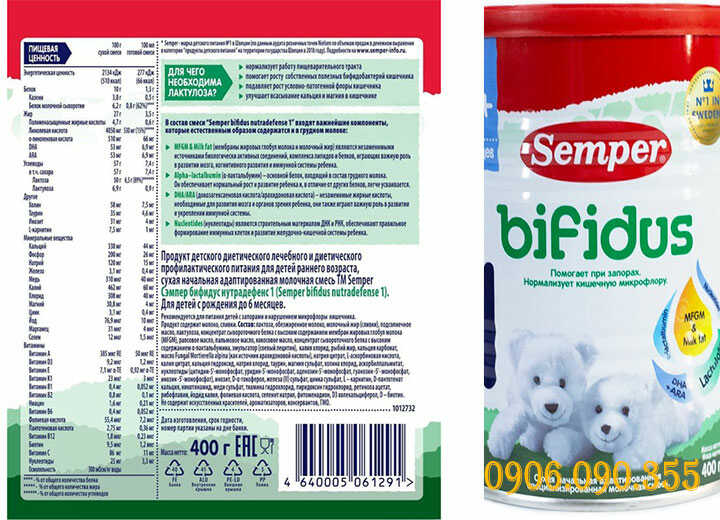 Thành phần dinh dưỡng sữa semper bifidus số 1