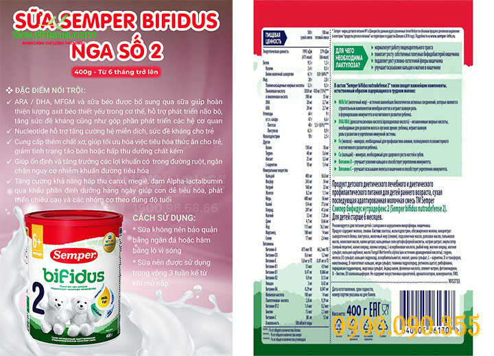 Thành phần dinh dưỡng sữa semper bifidus số 2